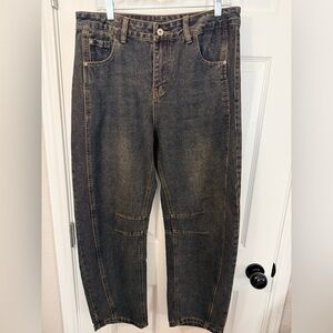 HOTIAN Barrel Leg Jeans Womens Lg Washed Blue Curved Leg Ballon Denim High Rise